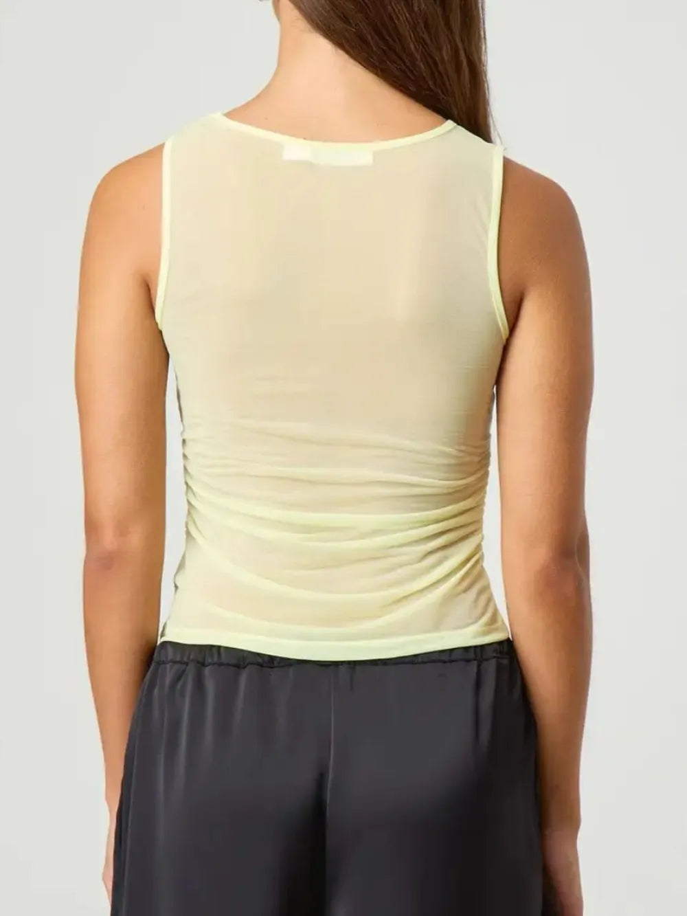 Pastel yellow ruched round-neck sleeveless tank top with draped racerback