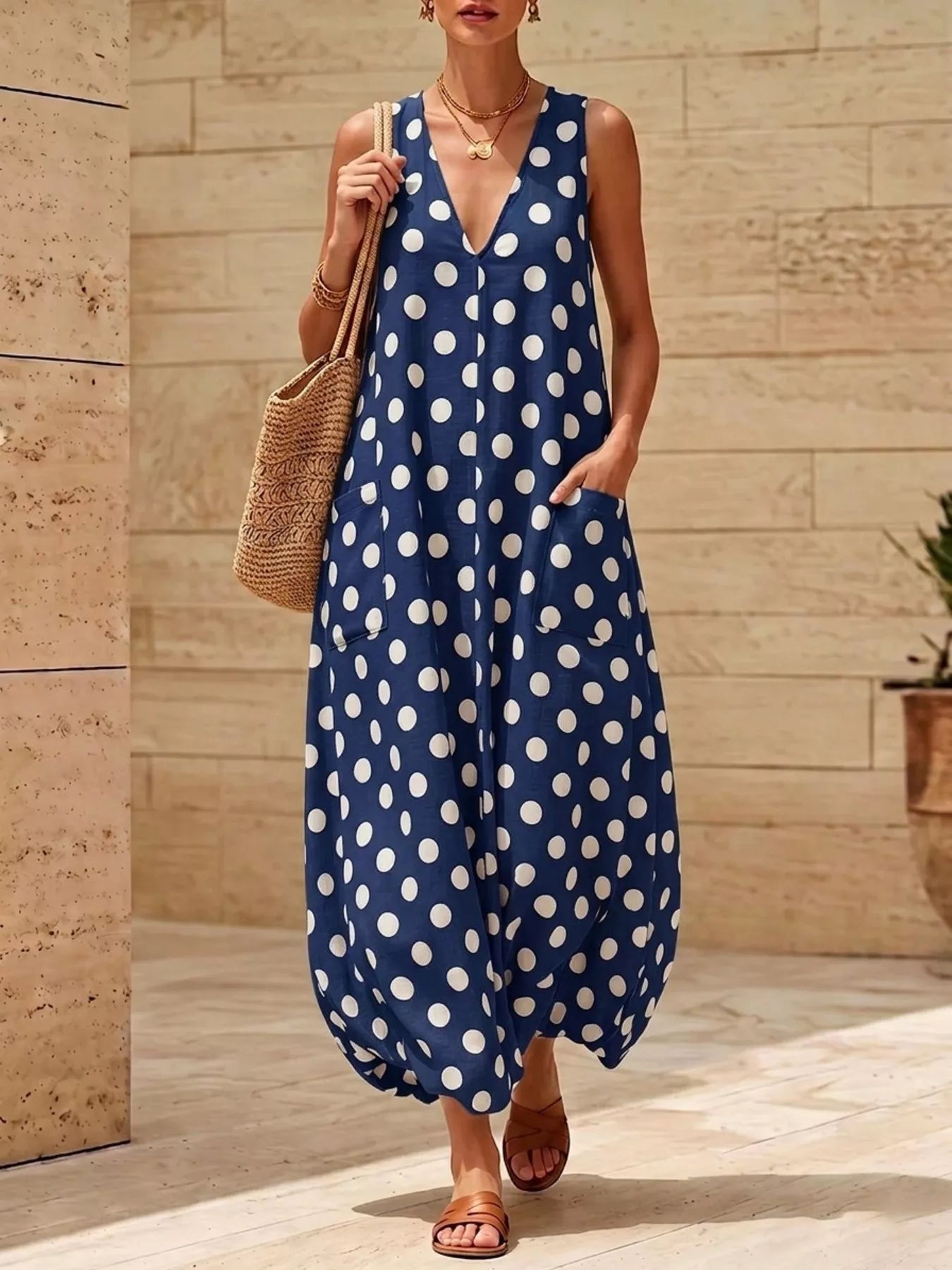 Navy polka dot V-neck sleeveless maxi dress with side pockets