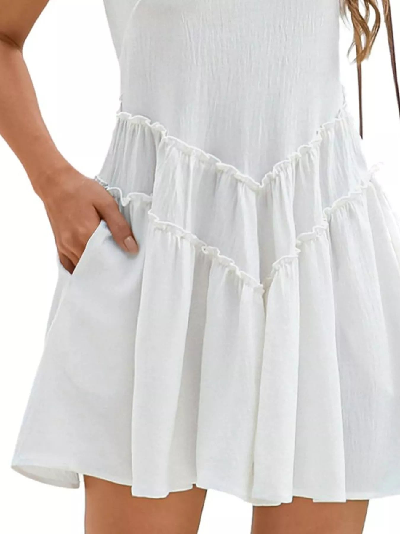 Round Neck Sleeveless Mini Dress, pocketed with frill in white by Trendsi