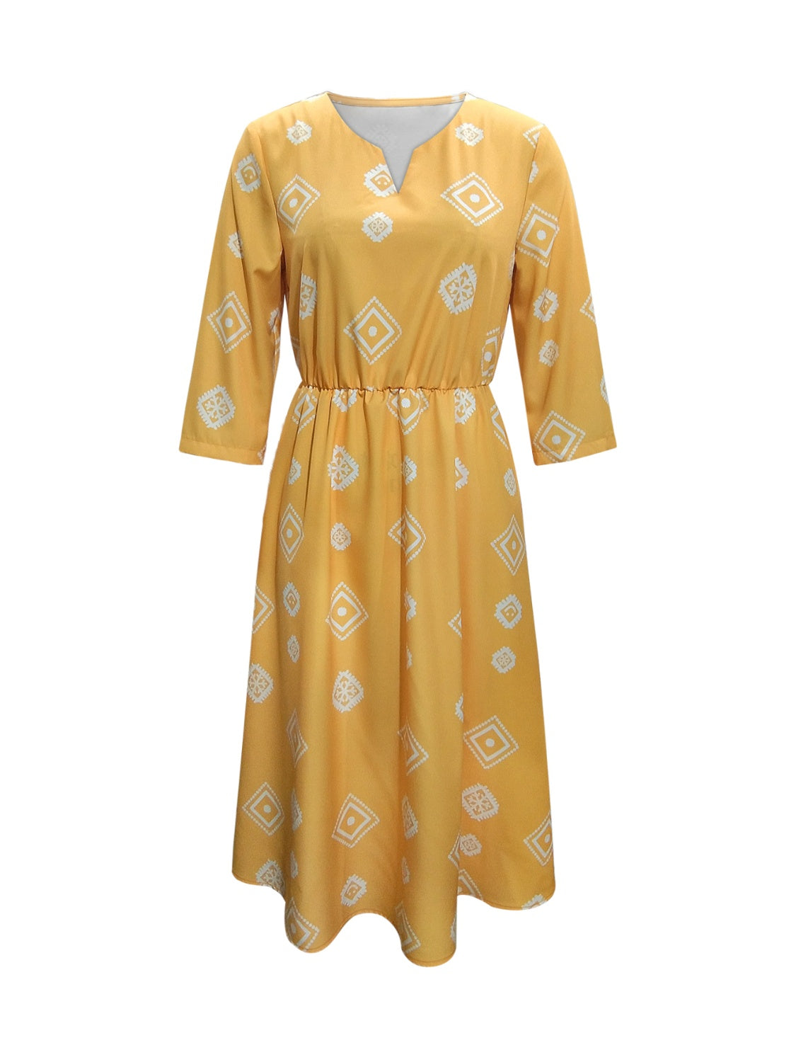 Yellow notched neck dress with white geometric diamond print, V-shaped notch neckline