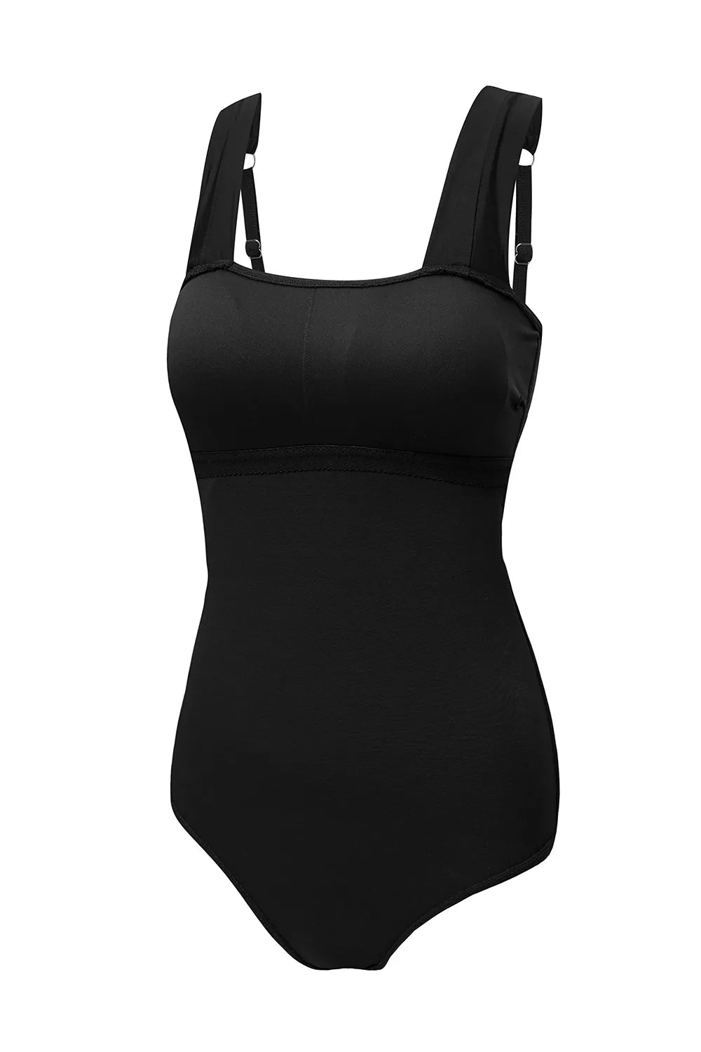 Black square-neck tummy-control one-piece swimsuit with wide shoulder straps