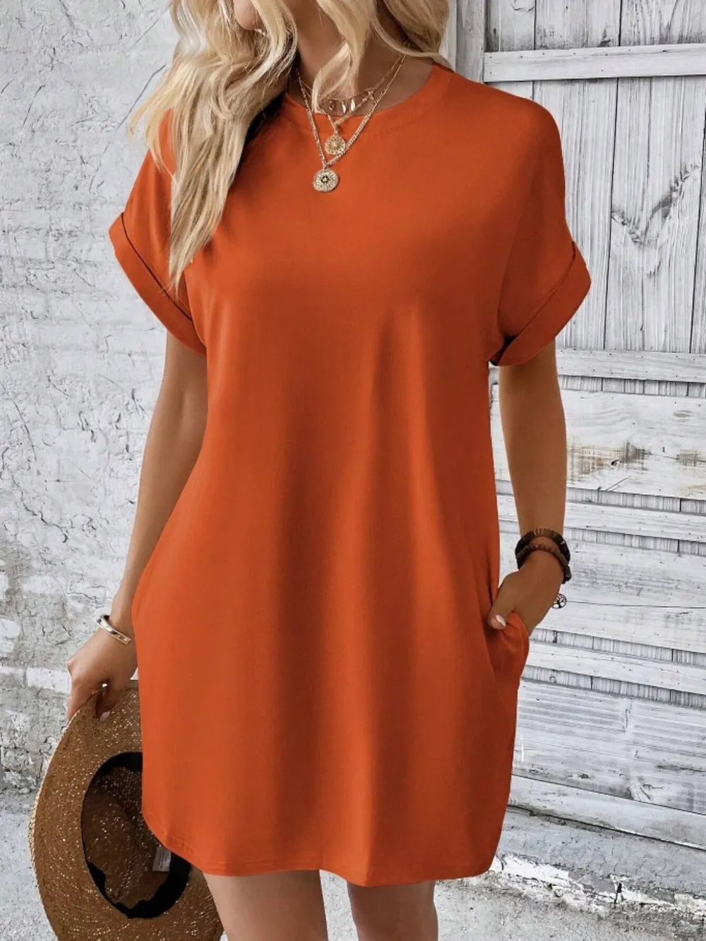 Rust orange round-neck short-sleeve dress with relaxed A-line fit