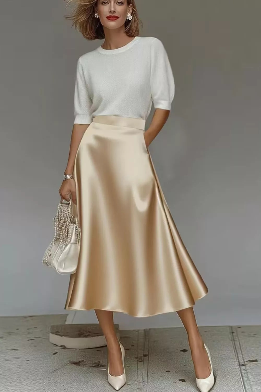 Khaki satin A-line midi skirt with side pockets, glossy drape and mid-calf length