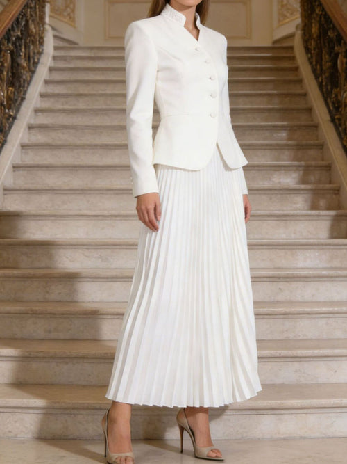 Long-sleeve button-up top and pleated midi skirt set in white