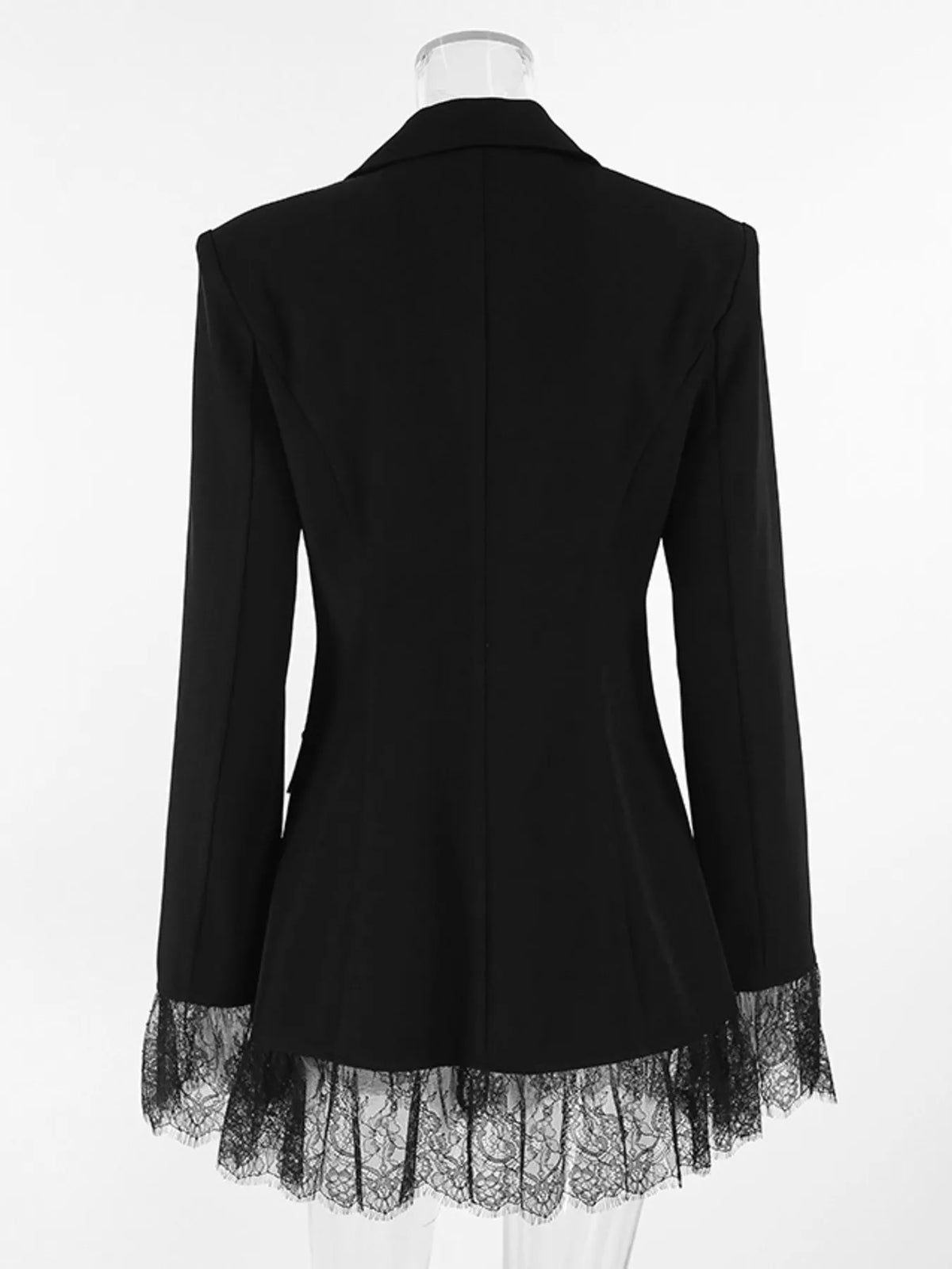 Women's black blazer with lace-trim hem and pocket detailing, back view