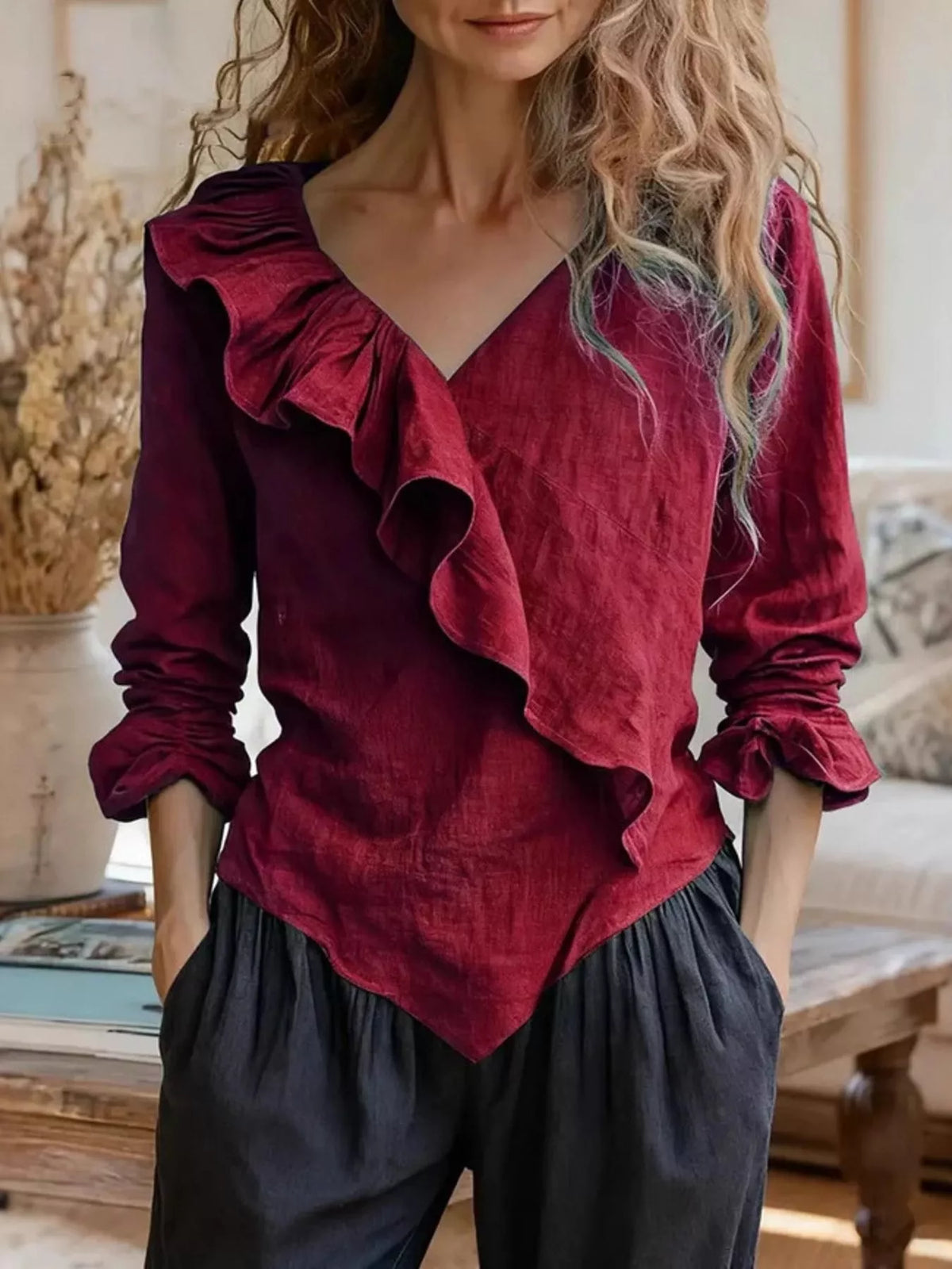 Ruffled V-neck long-sleeve blouse in burgundy, long sleeves with layered ruffle trim
