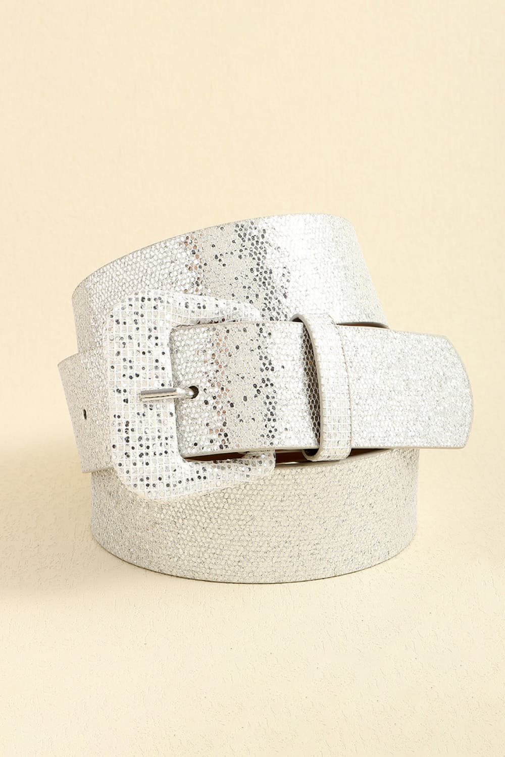 White glitter vegan leather belt with silver-toned rectangular buckle