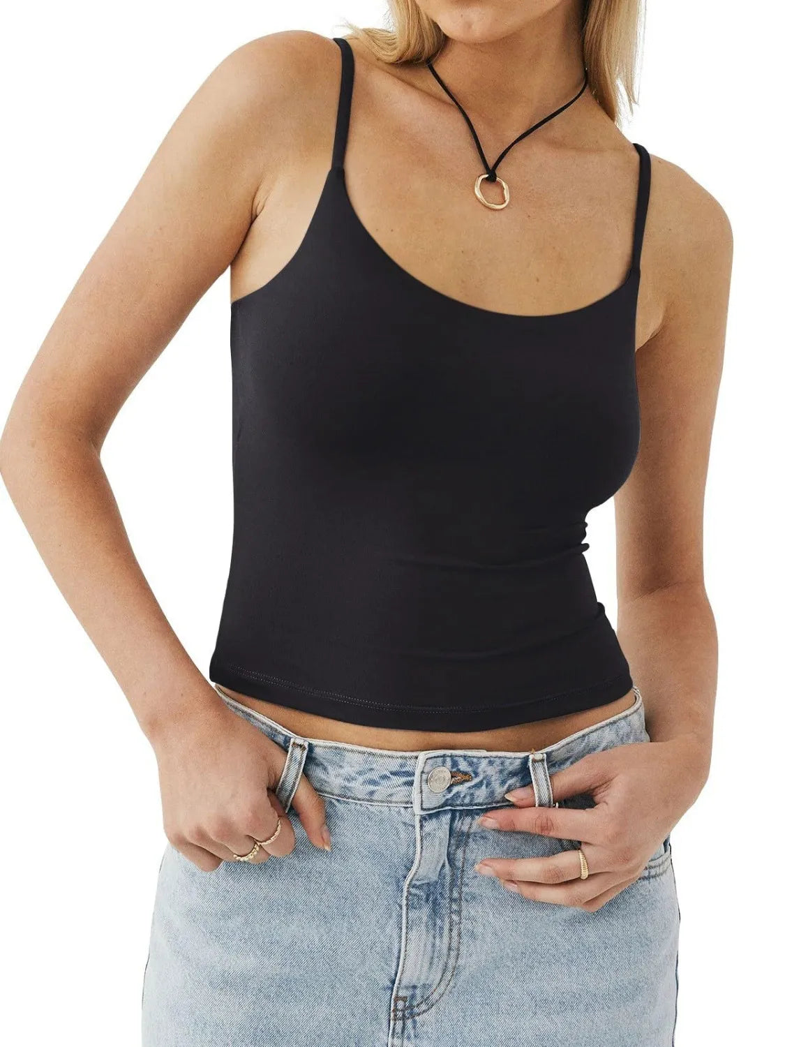 Black scoop-neck cami with thin straps and ruched stretch fabric