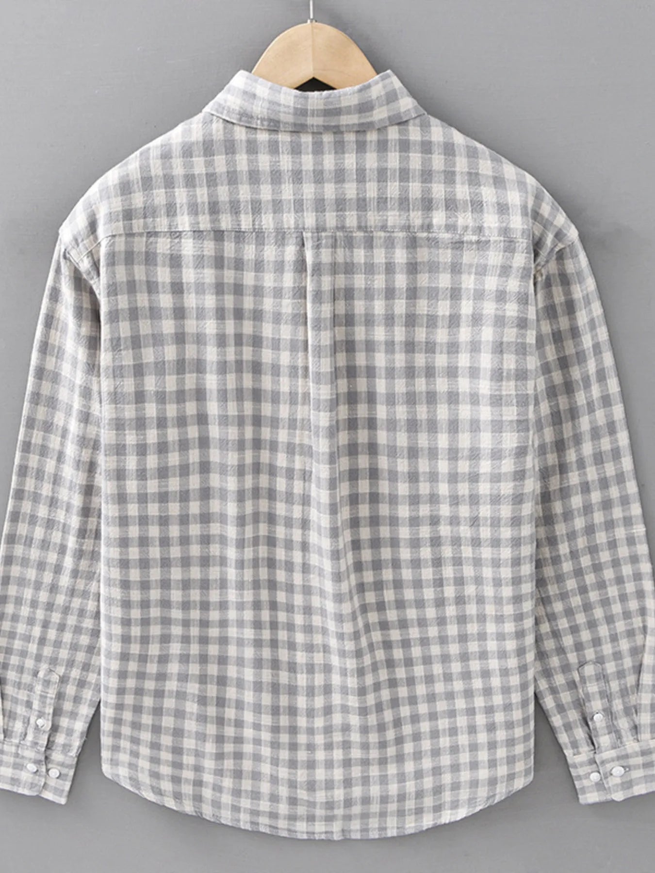 Men's plus size plaid button-up shirt, gray check, back view with button placket
