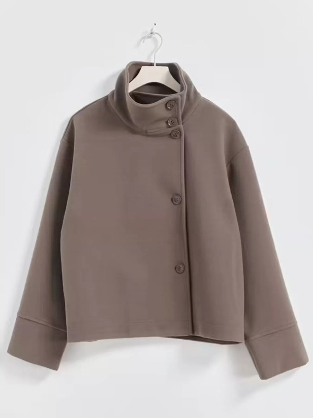 Beige/taupe long-sleeve button-front jacket with stand collar and button placket