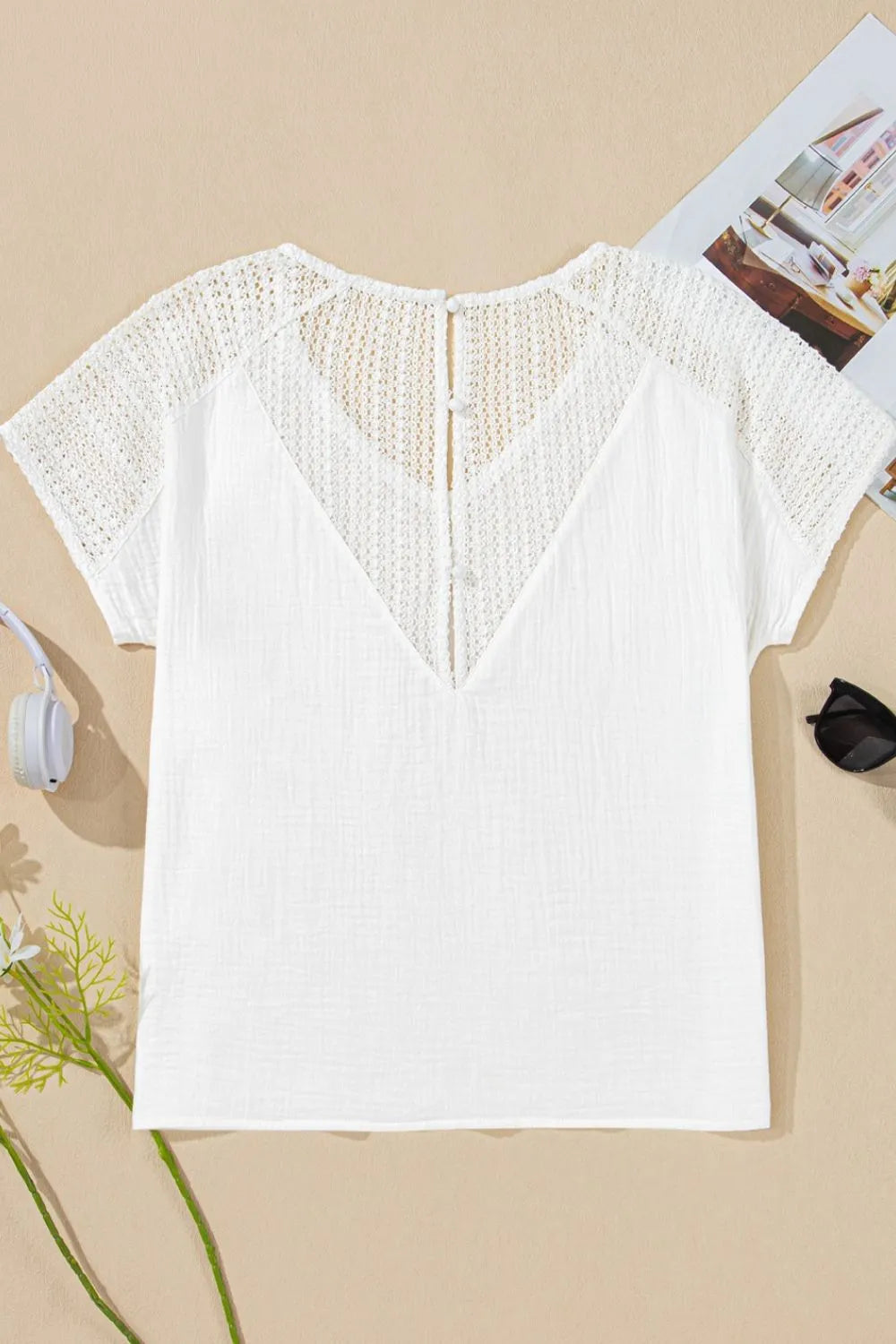 Cedar & Moore Lace Crochet Textured Button Back V Neck T Shirt, white openwork knit by Trendsi