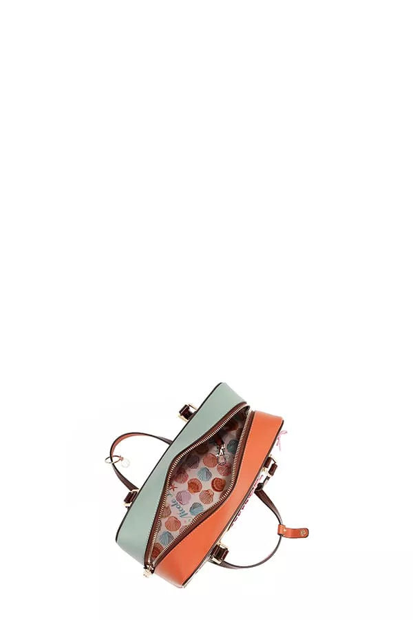 Small crossbody bag with mint-and-orange panels, patterned interior, and brown strap.