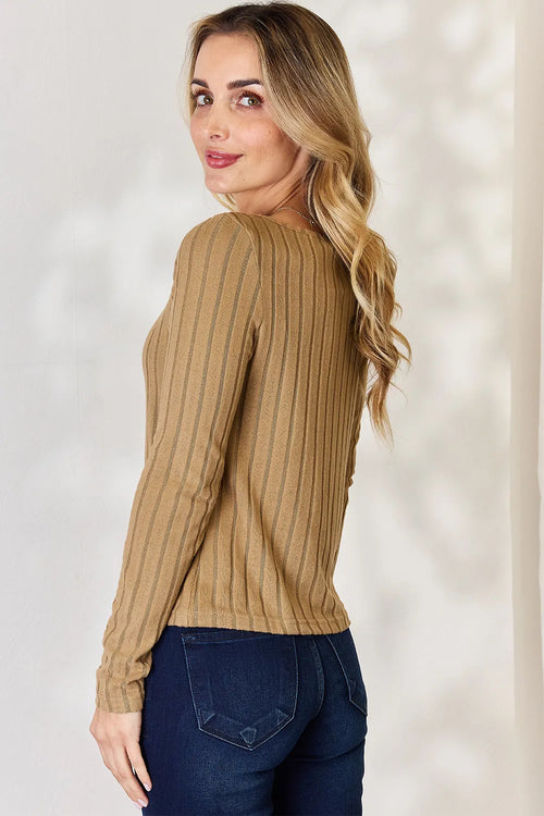 Khaki ribbed long sleeve t-shirt, side view, scoop neckline