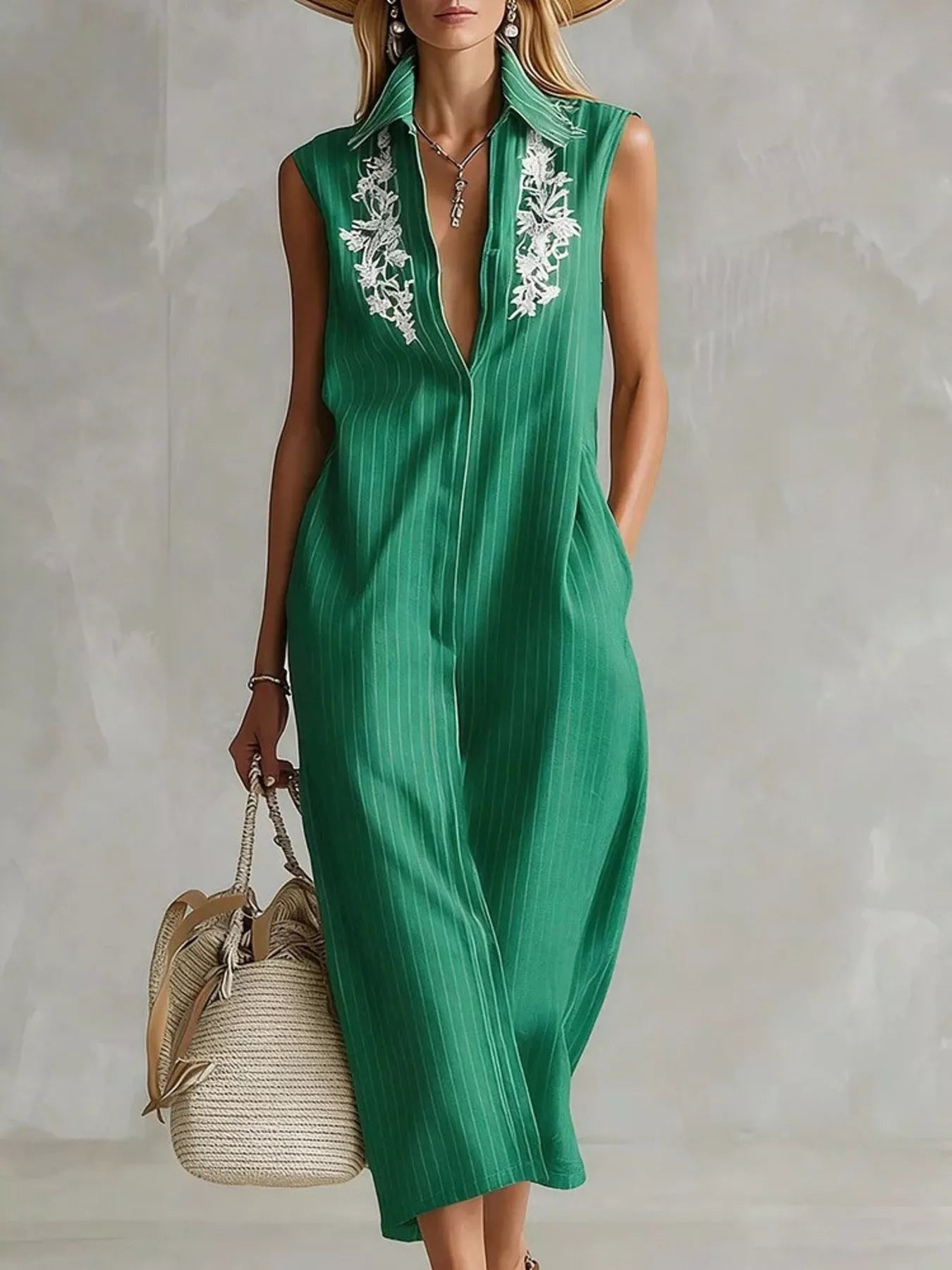 Green striped sleeveless shirt dress with collared V neckline and white lace trim