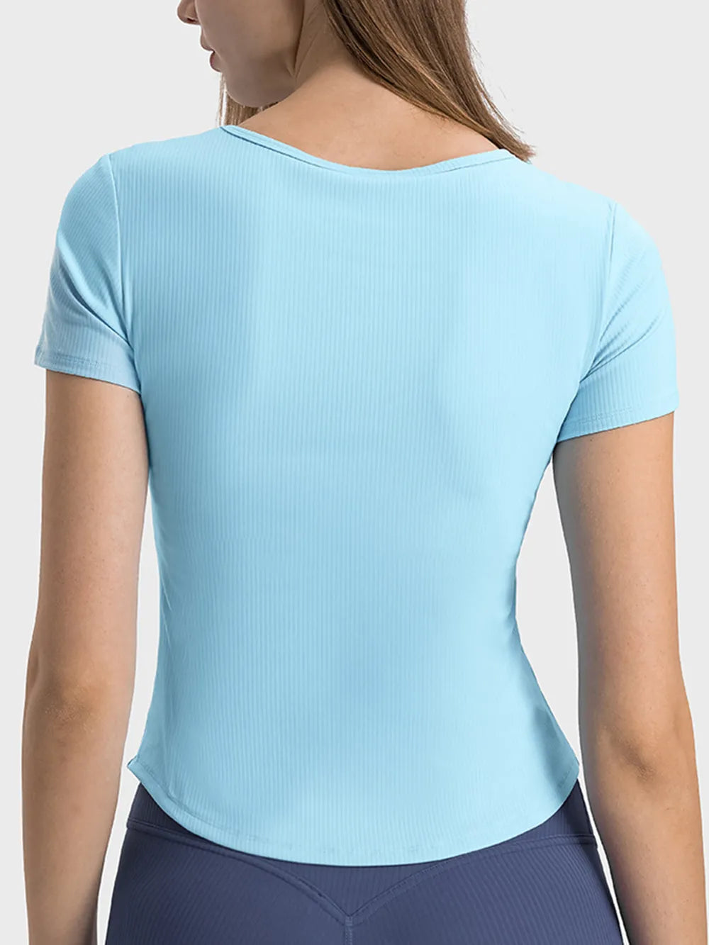 Pastel blue ribbed active t-shirt, short sleeves, draped back view