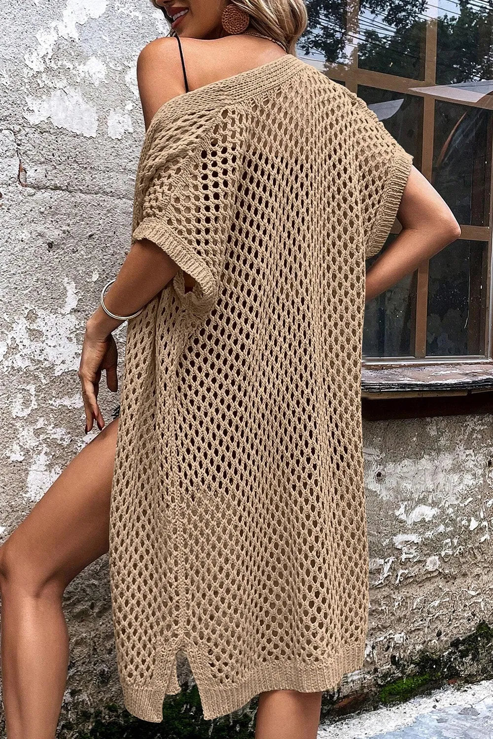 Khaki openwork short sleeve long cardigan, rear view