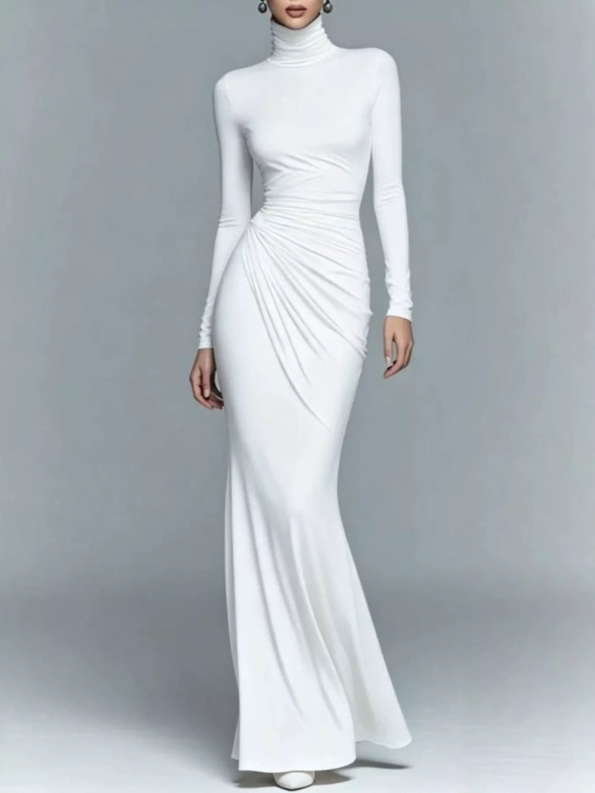 White ruched turtleneck long-sleeve stretch maxi dress with side gathered waist