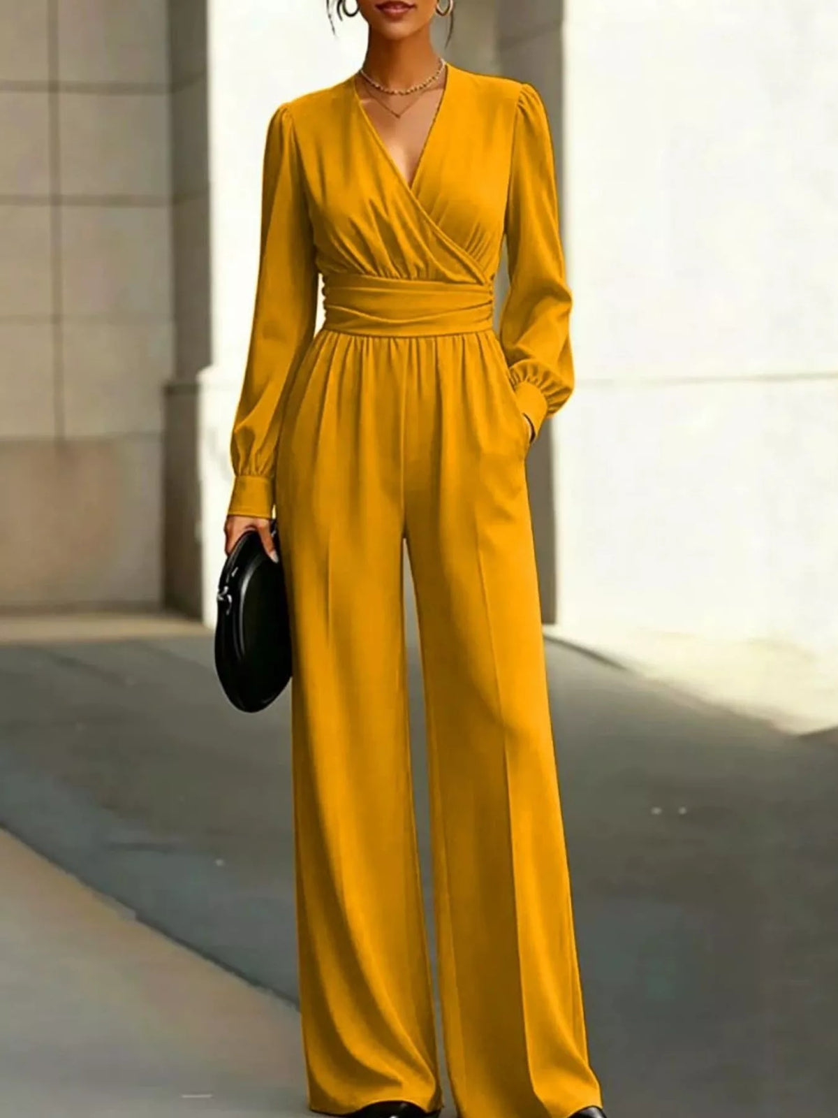 Yellow surplice wide-leg jumpsuit with long sleeves and side pockets