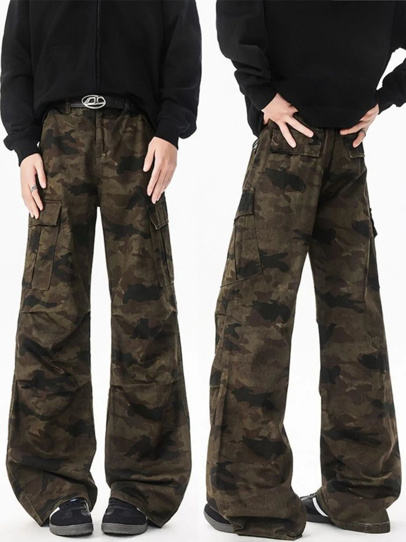 Camouflage wide-leg cargo pants with black belt, front and back flap cargo pockets