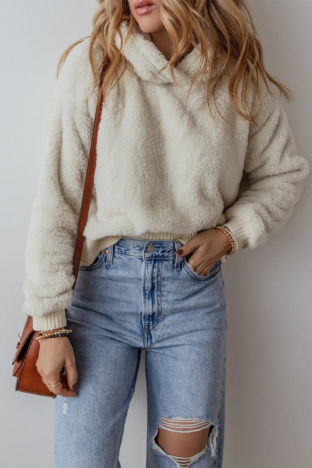 Beige fuzzy dropped-shoulder hoodie with hood, long sleeves, ribbed cuffs and hem