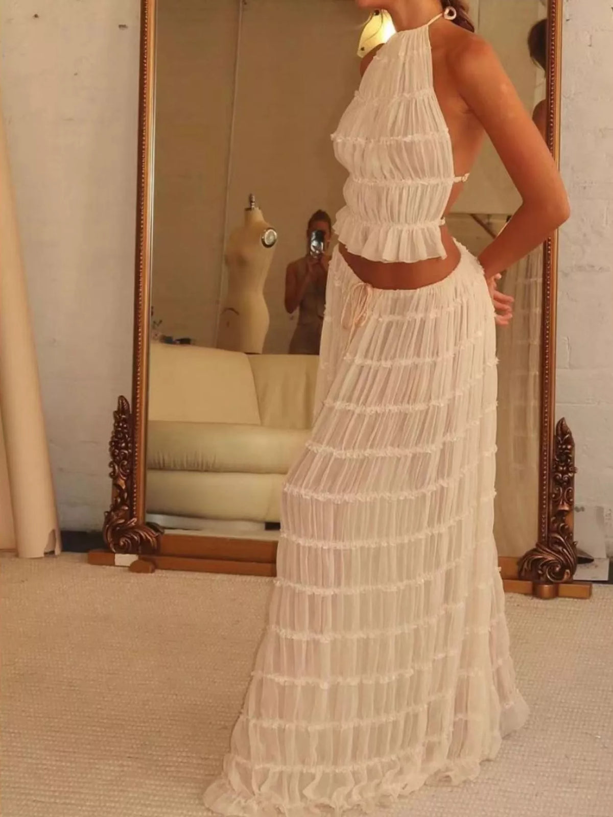 Milky white tiered ruffle halter crop top and maxi skirt set, high neck