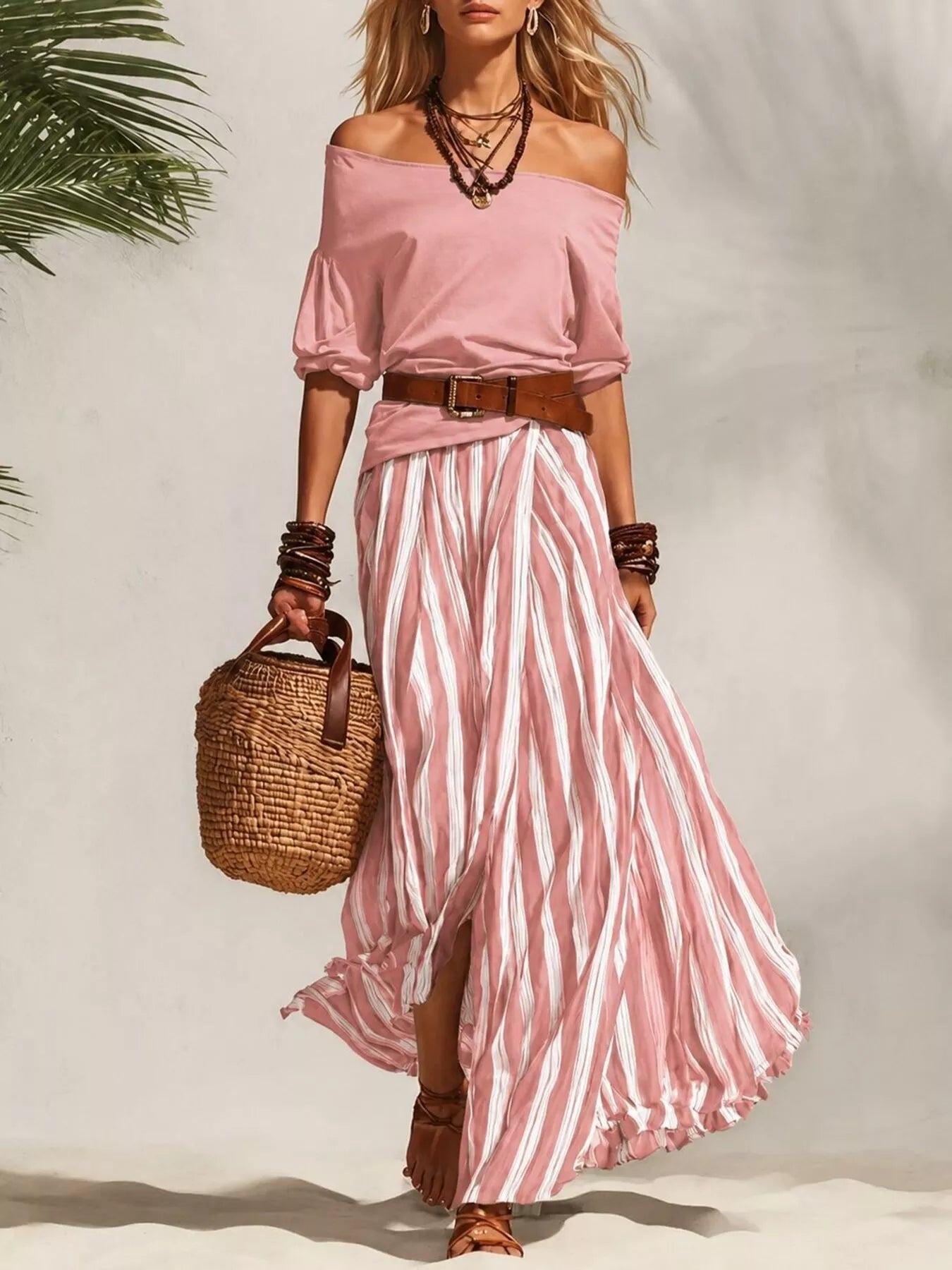 Pink off-shoulder top and pink-and-white striped maxi skirt set with brown belt.