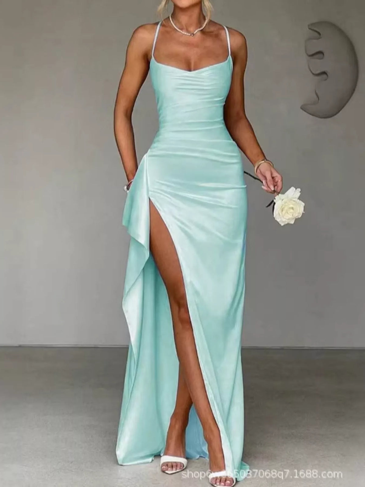 Light blue satin ruched maxi dress with spaghetti straps and high side slit