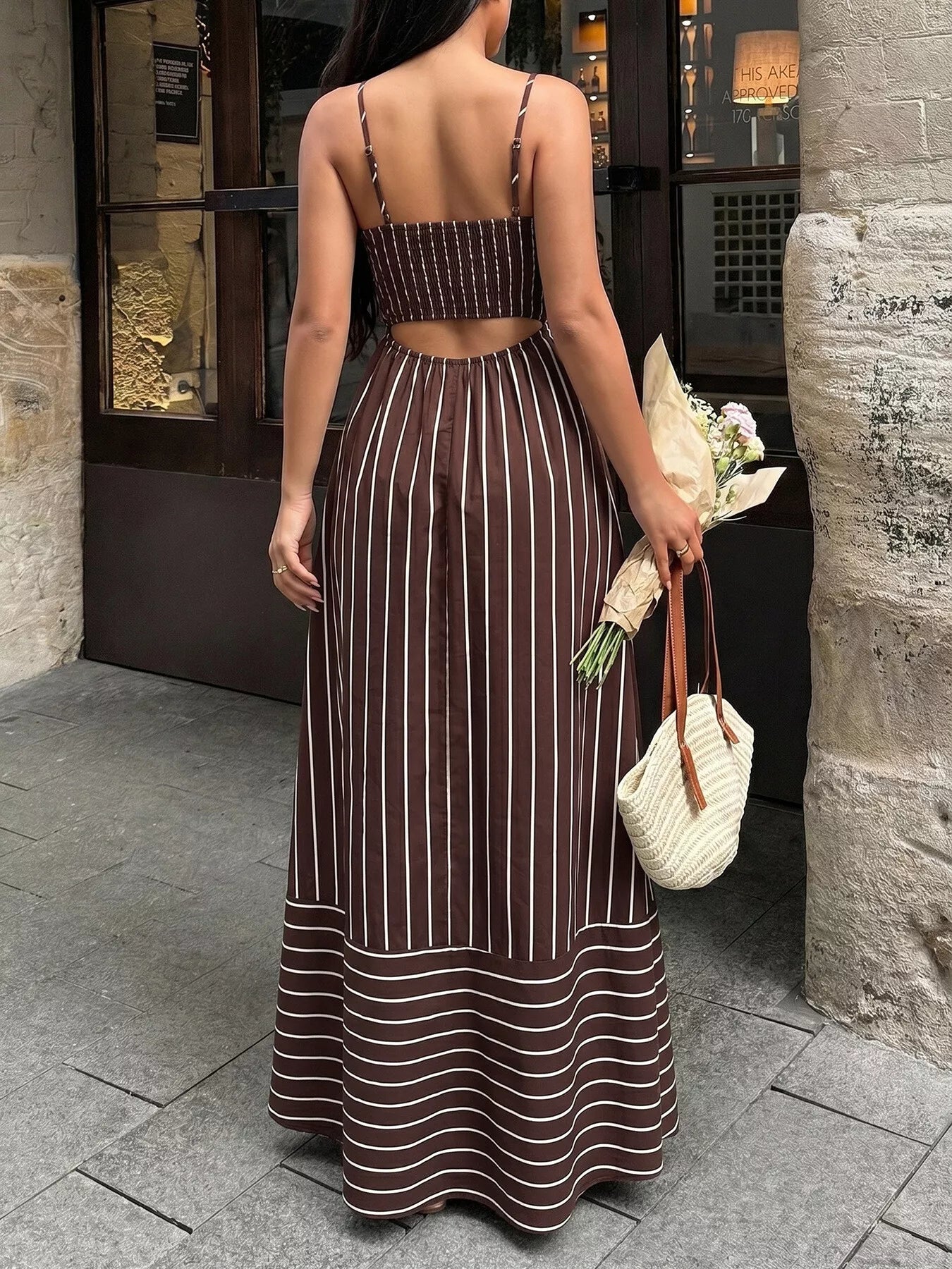 Cedar & Moore Striped Spaghetti Strap Maxi Dress in brown with white vertical stripes, back cutout, smocked bodice