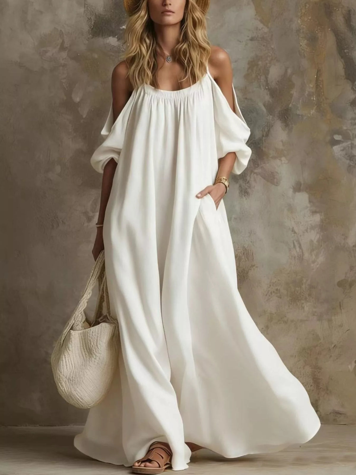 White linen cold-shoulder maxi dress with gathered neckline and side pockets
