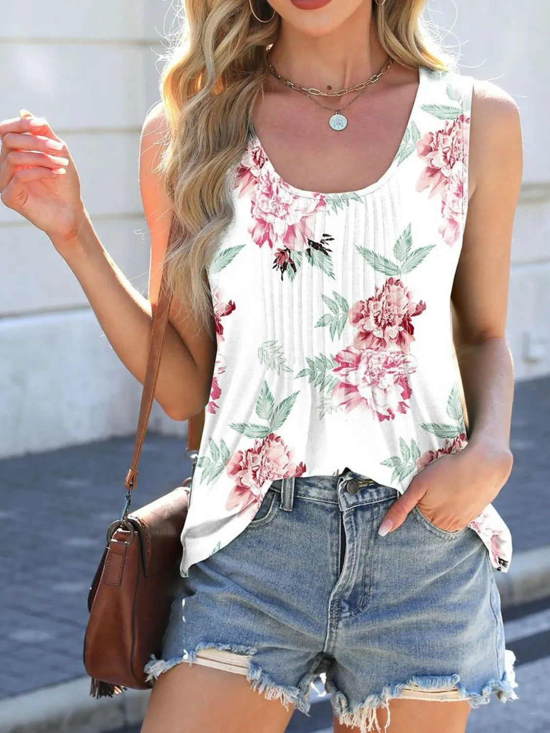 Printed scoop neck wide-strap tank top, white with pink roses and green leaf motifs