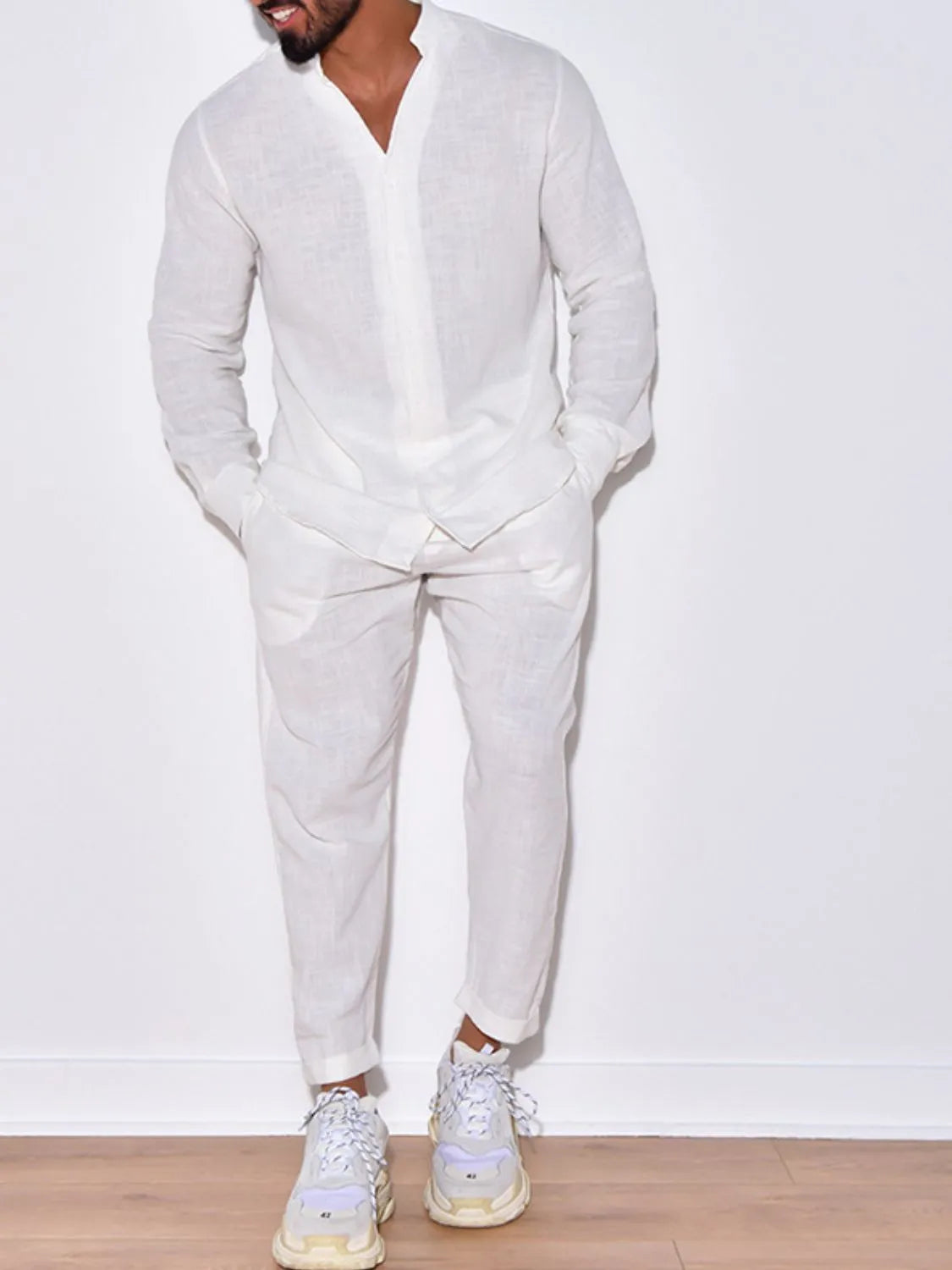 Men's button-up long sleeve shirt and pants set, white, twist-front detail