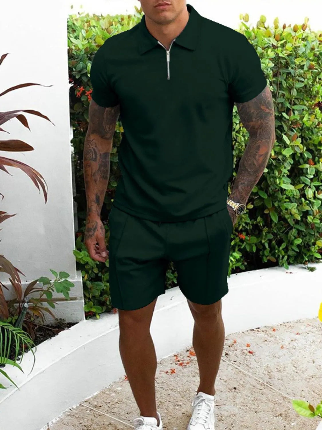 Men's collared top and shorts set, dark green zip polo and matching shorts