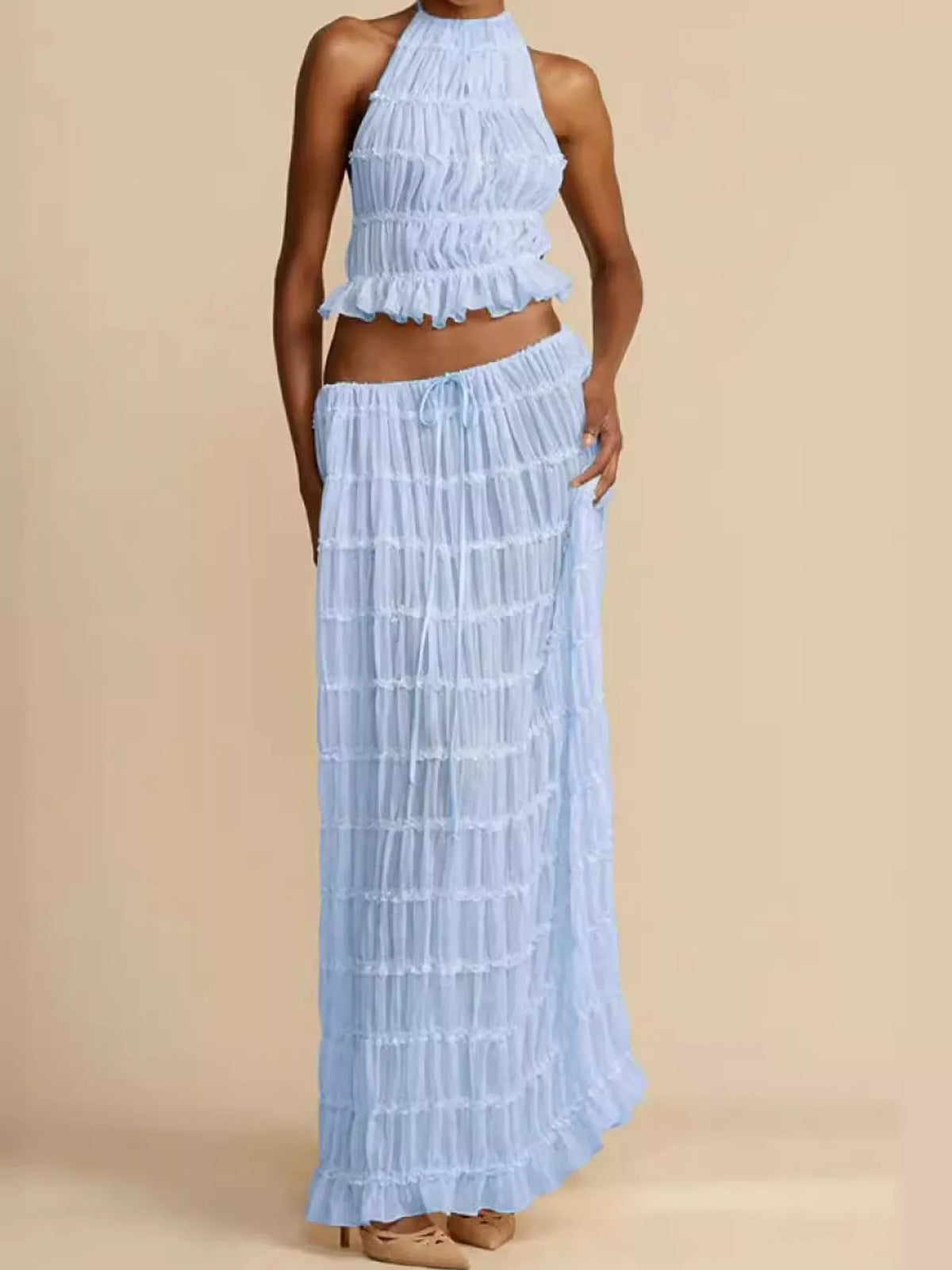 Sky blue halter ruffle crop top and tiered maxi skirt set
