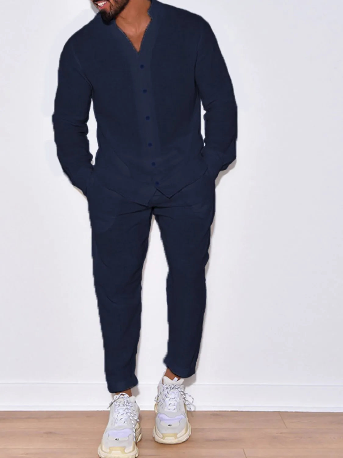 Men's button-up long sleeve shirt and pants set, navy, twist-front detail