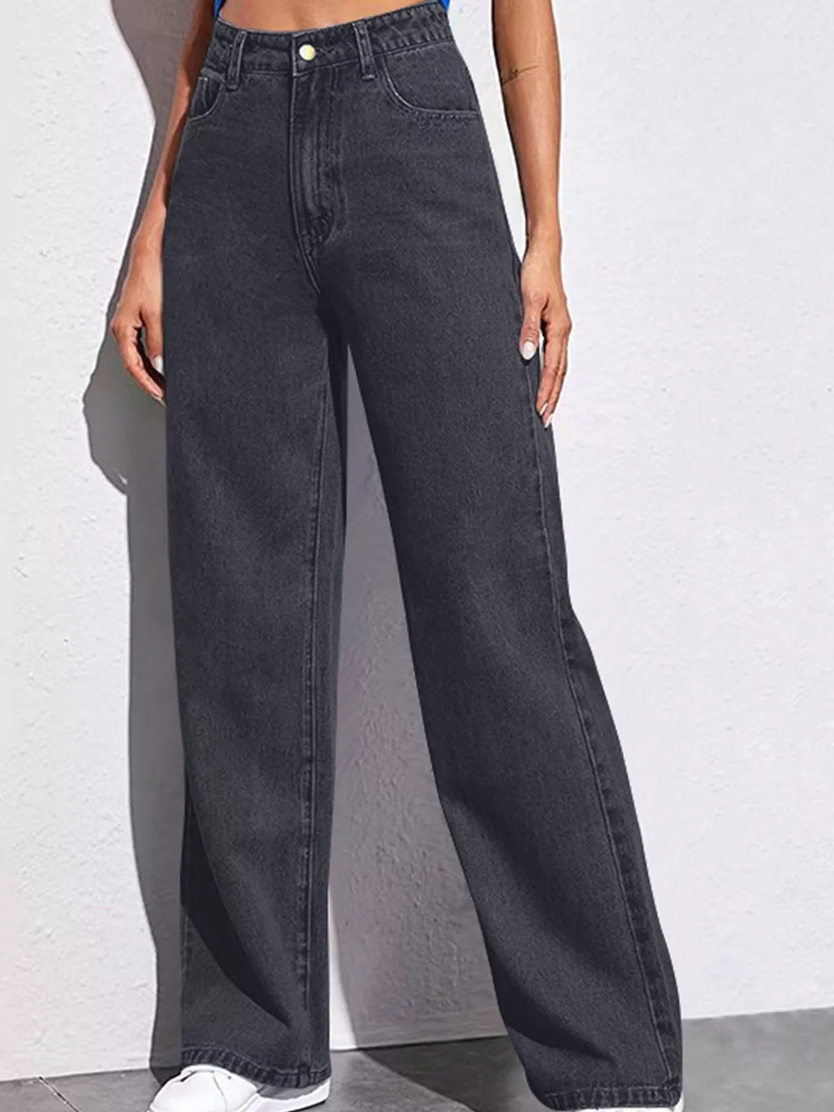 High-waisted vintage wash denim jeans, dark charcoal gray, wide straight-leg fit