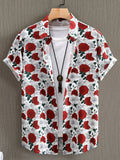 Men's rose print button-up shirt, white base with red roses and green leaves, front placket
