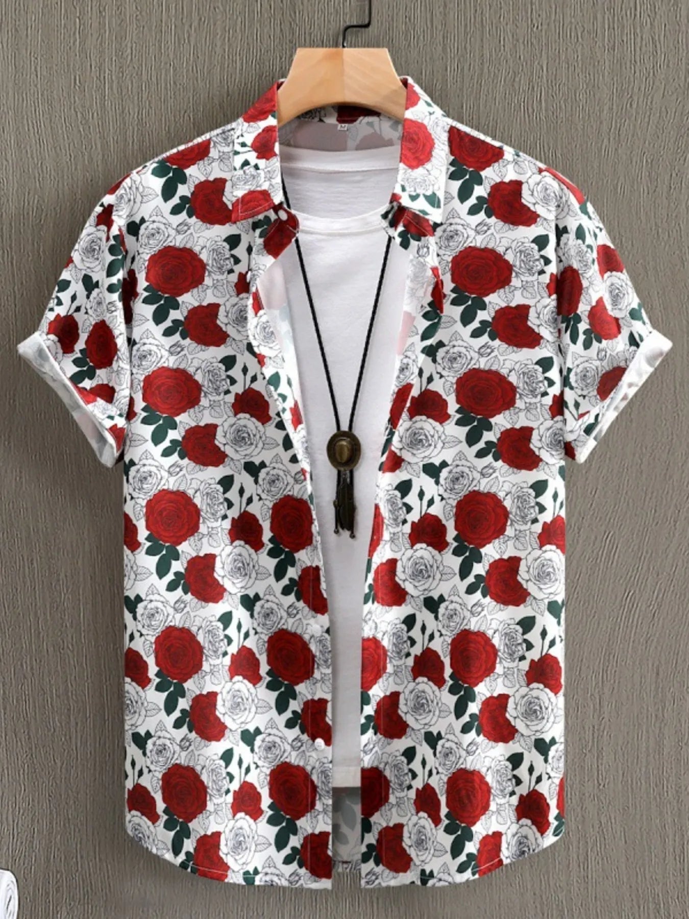Men's rose print button-up shirt, white base with red roses and green leaves, front placket