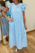 Cedar & Moore Knot Back Ruffled Short Sleeve Gingham Maxi Dress in blue gingham, tiered