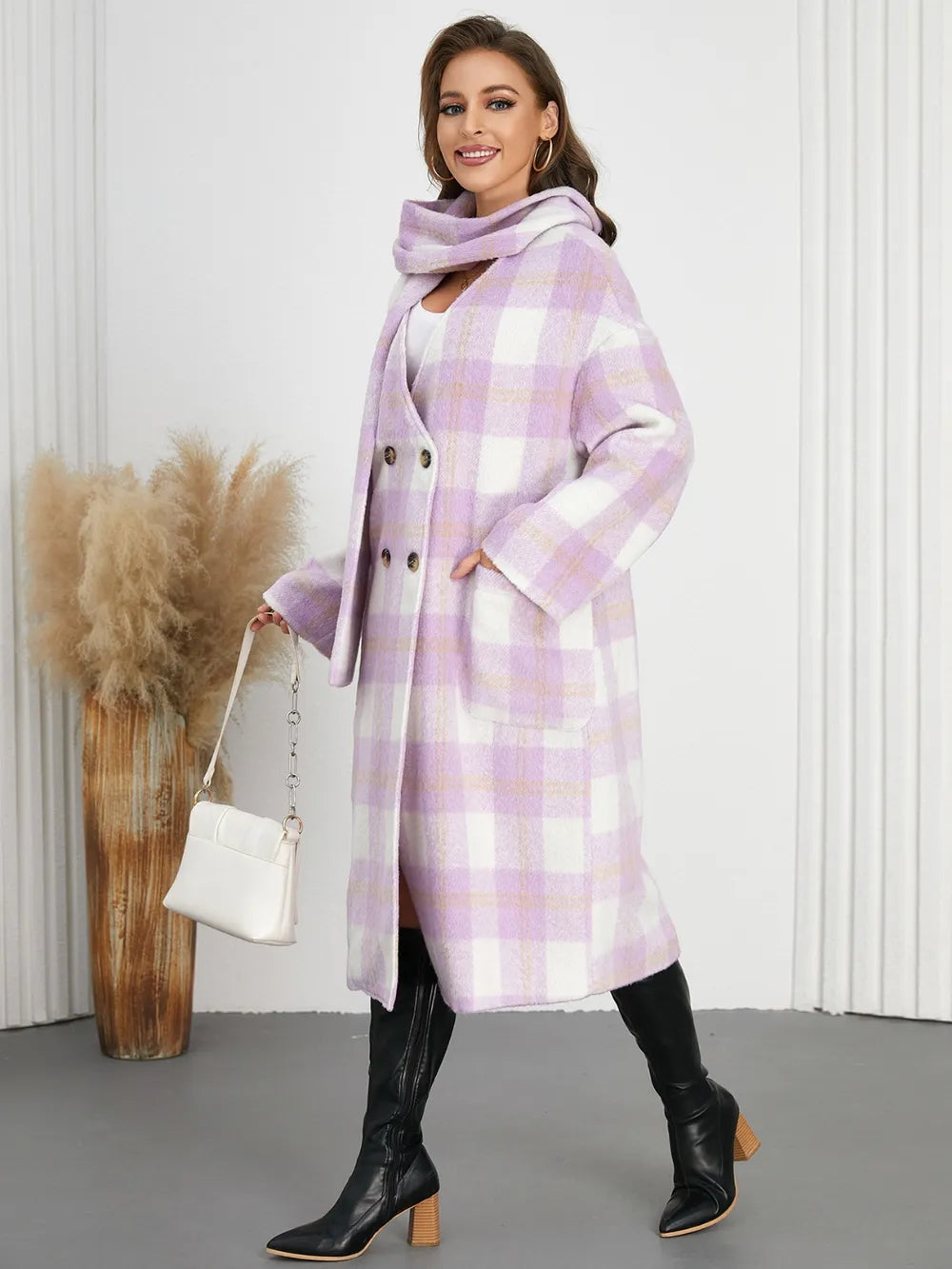 Plaid button-up long coat in lavender and white with hooded collar, long sleeves, and double buttons