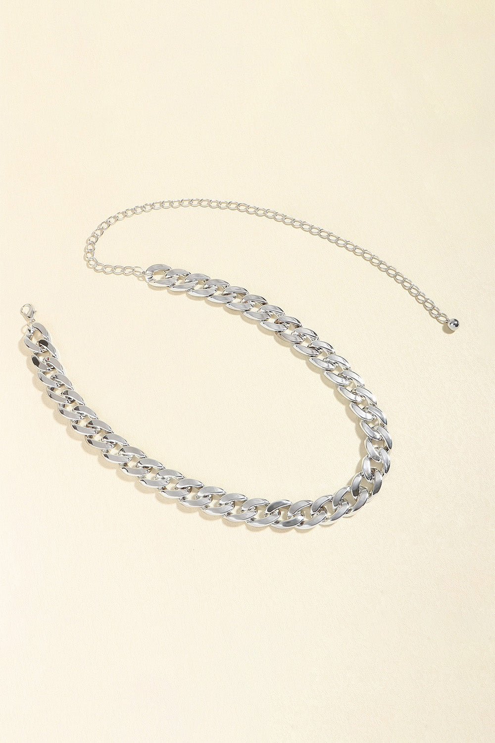 Silver curb chain belt with adjustable extender and metal clasp