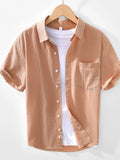 Men's short sleeve button-up shirt, brown, with chest pocket and button front