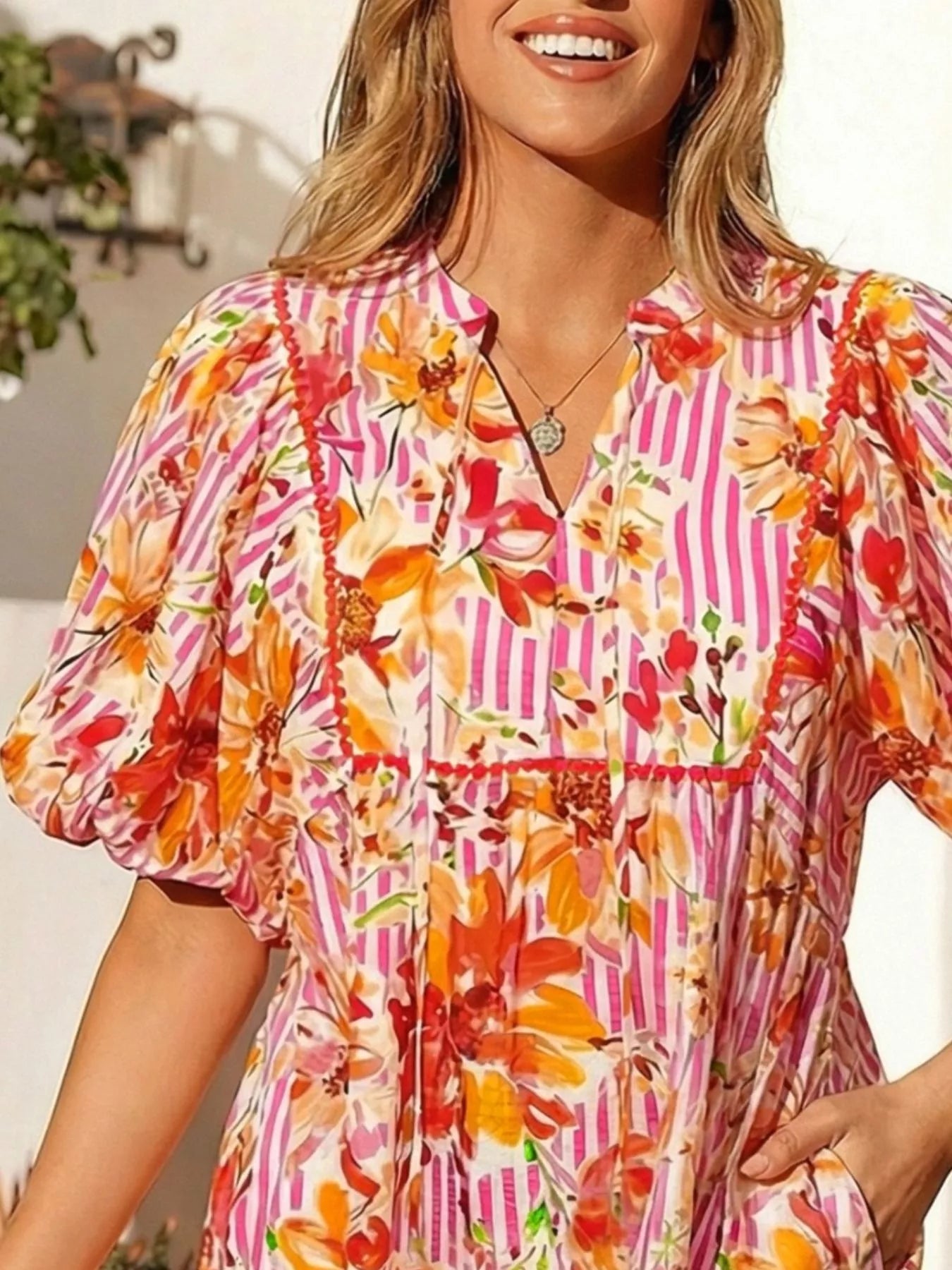 Cedar & Moore Floral Print Striped Casual Mini Dress, pink and orange florals on white, Trendsi