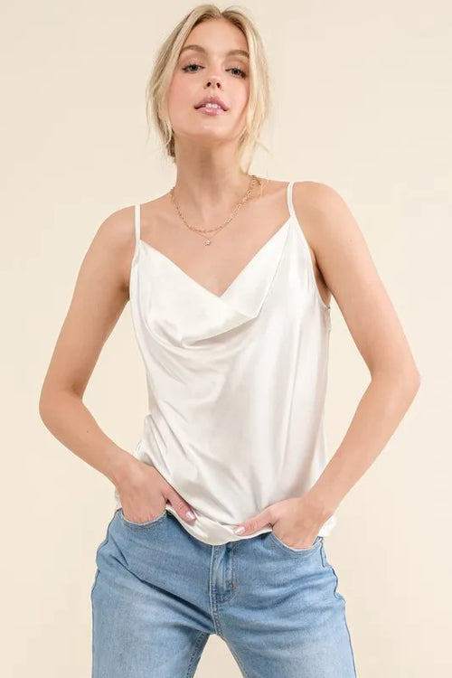 White satin cami with adjustable spaghetti straps, cowl neckline, draped front