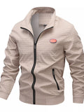 Men's plaid zip-up lightweight jacket, light tan check, hood, front zip and chest patch.