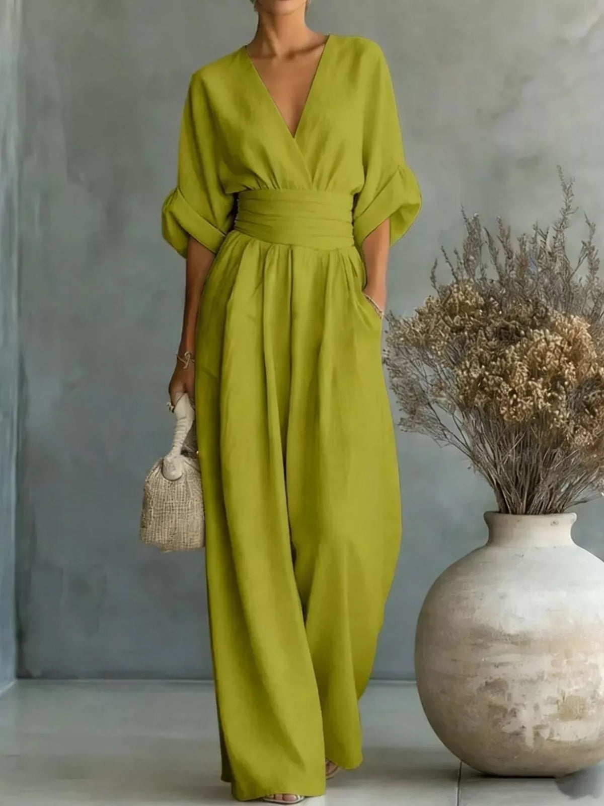 Lime green ruched-waist wide-leg jumpsuit with V-neck and half sleeves