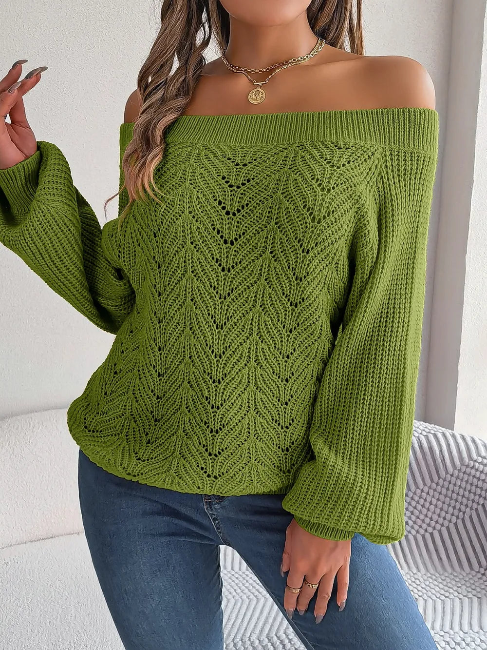 Moss green off-shoulder long sleeve sweater with openwork knit, side view
