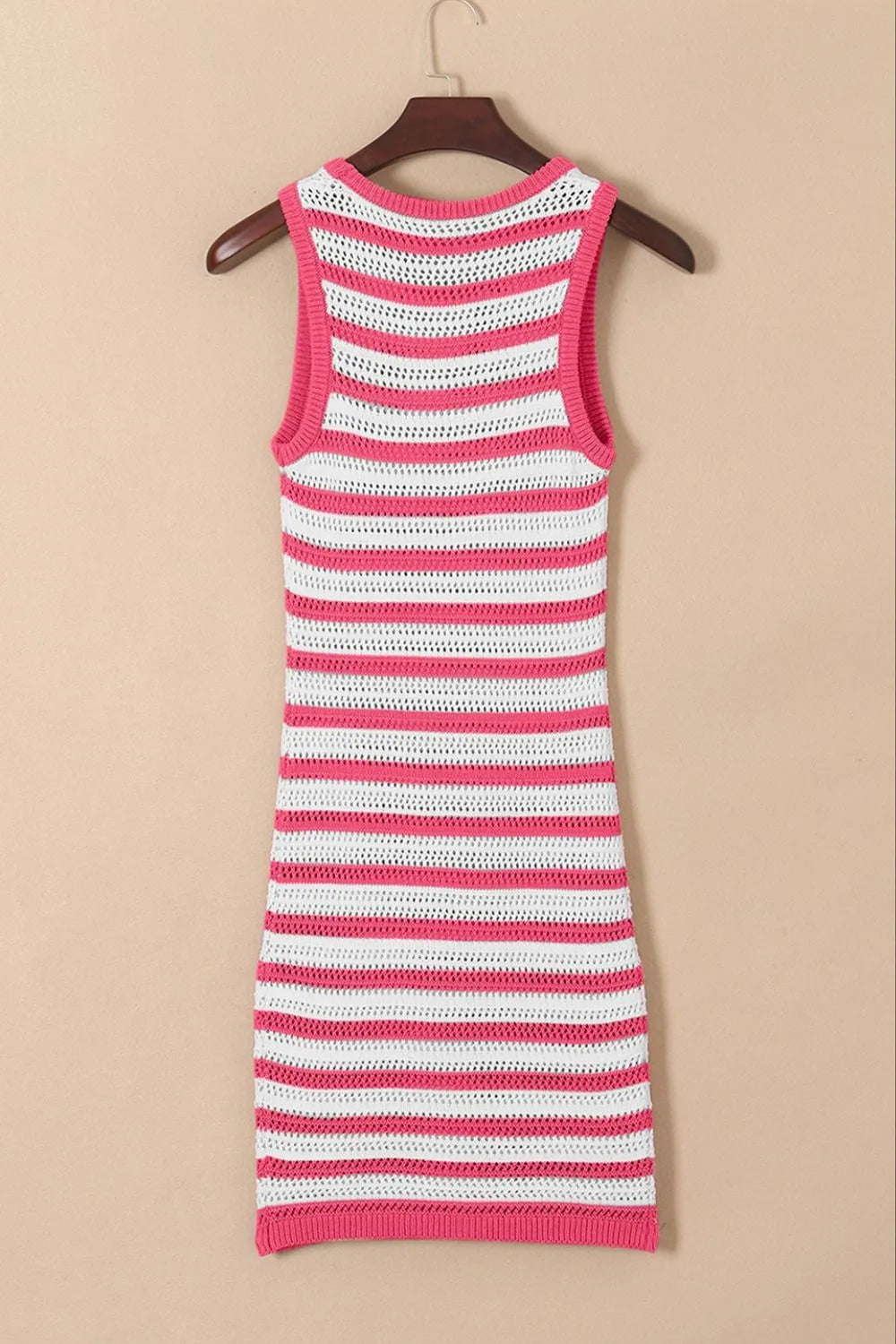Strawberry pink and white striped sleeveless knit sweater dress on hanger, crew neck