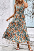 Floral V-neck tiered sleeveless midi dress with gathered bodice, orange and teal.