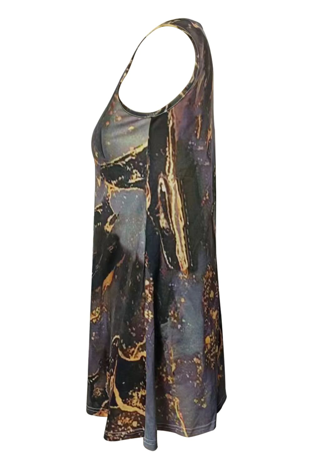 Sleeveless round-neck dress with shiny abstract print, gold-on-dark, side view