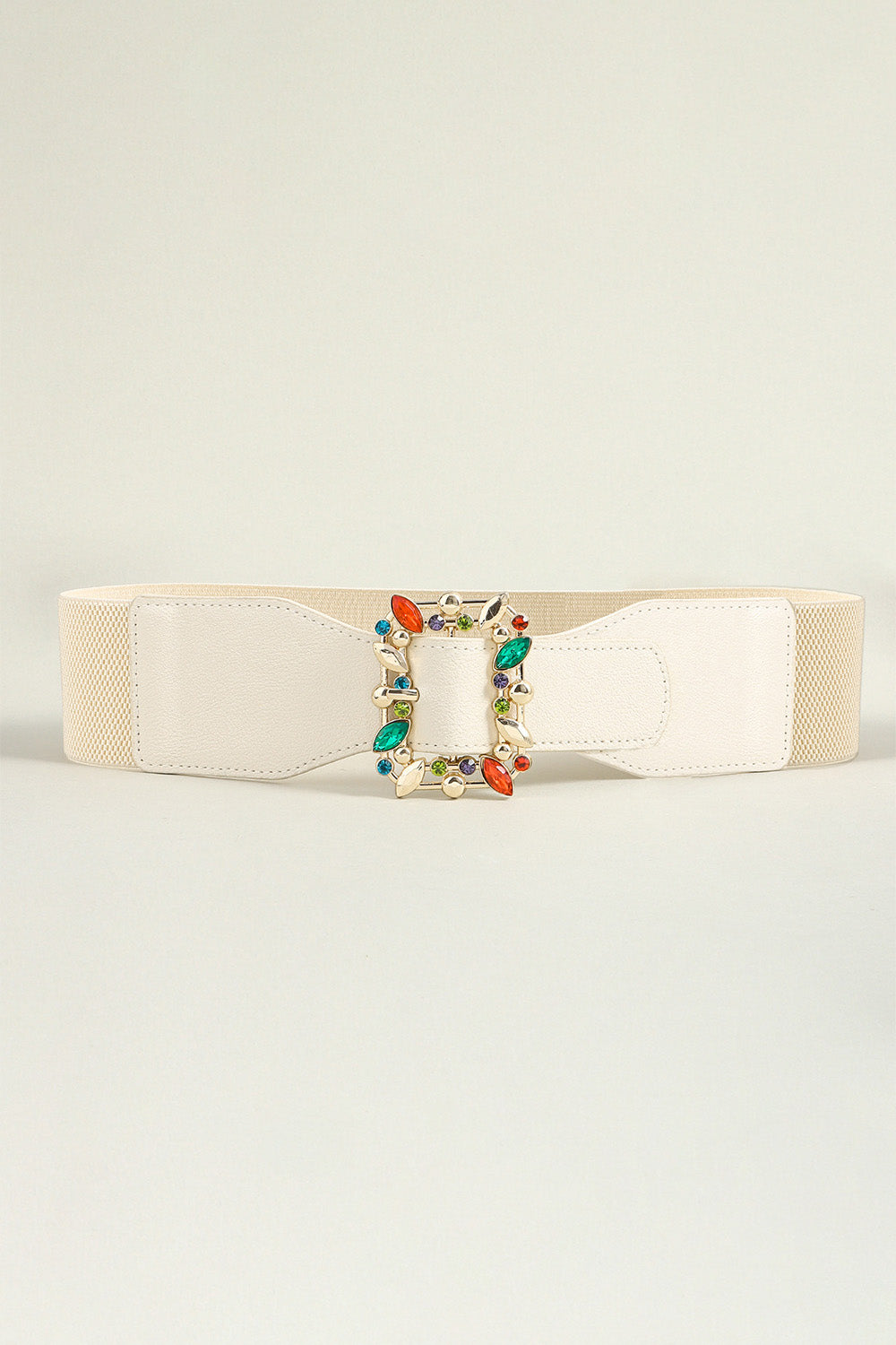 Ivory elastic belt with multicolor leaf buckle centered on wide waistband